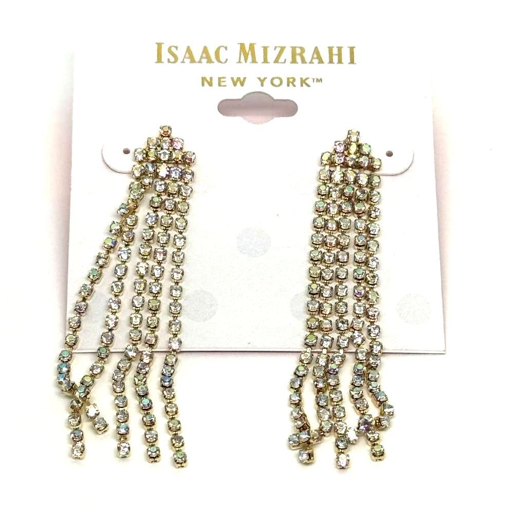 NWT ISAAC MIZRAHI Gold AB Crystal Dangle Fringe Post Earrings 2.5"